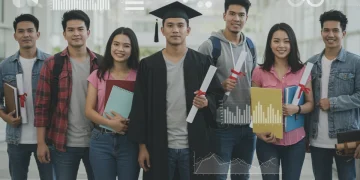Students looking expectantly at a university campus, symbolizing graduate school aspirations for 2025.