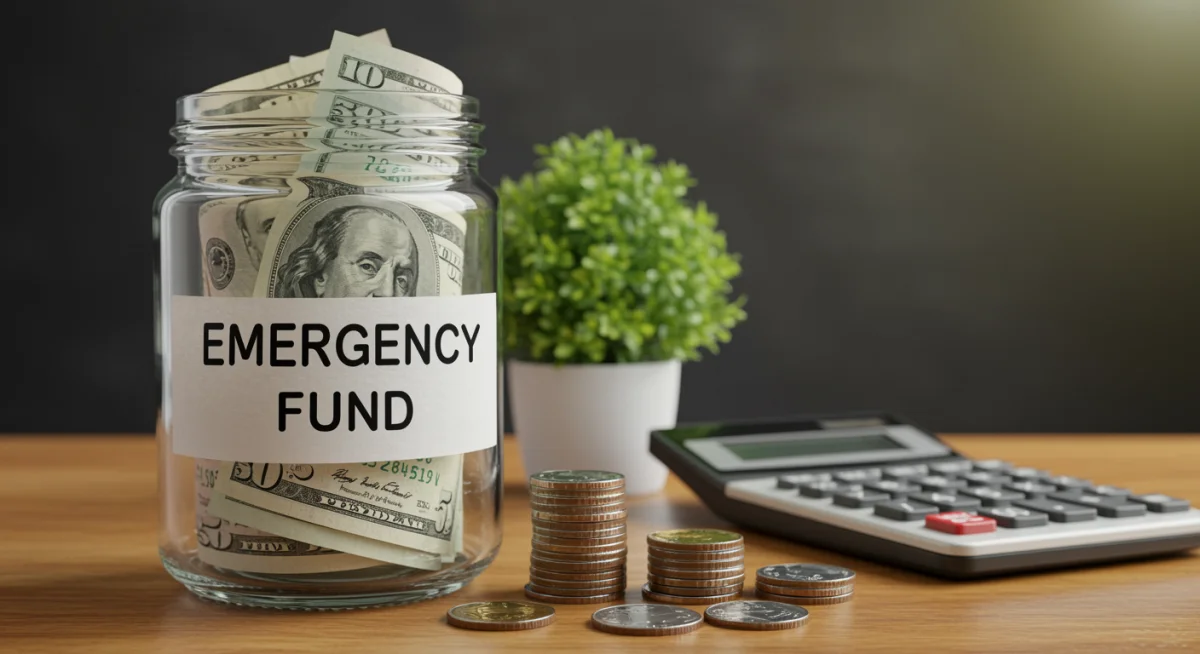 Emergency fund jar with money, calculator, and plant representing financial security