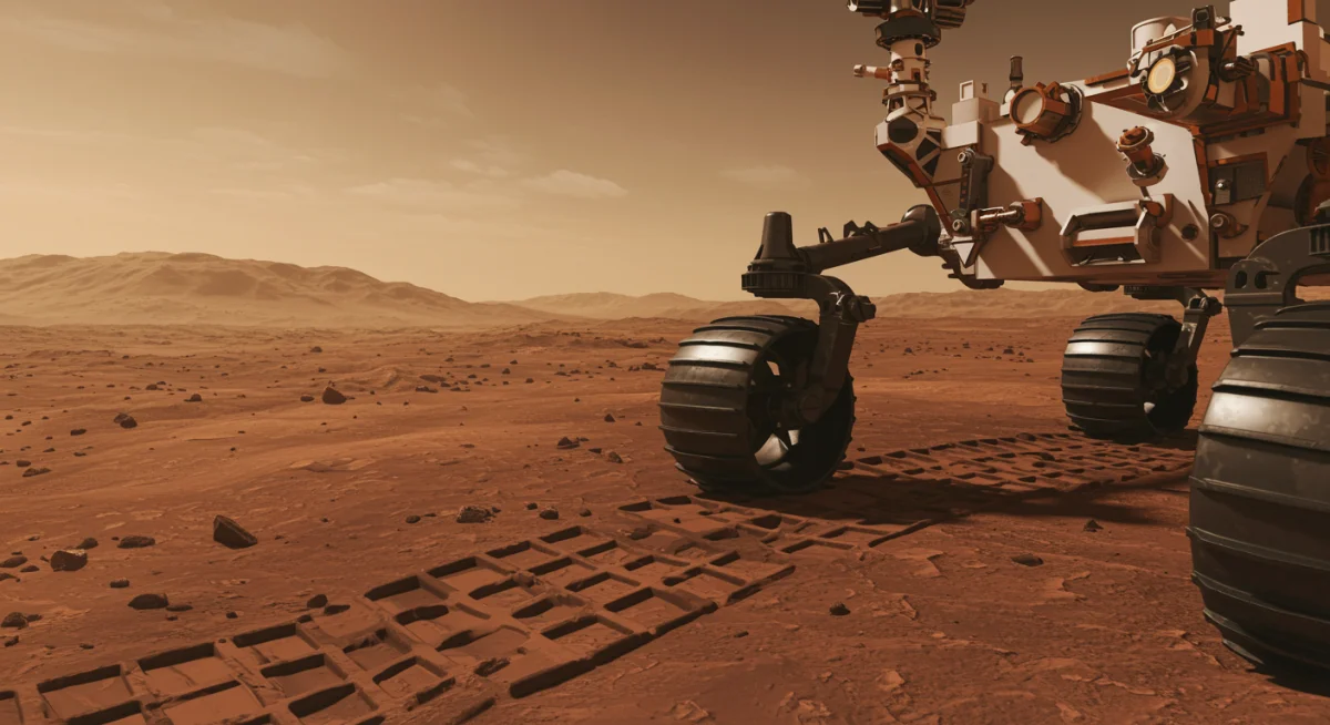 Mars rover wheel on dusty Martian surface, showcasing ongoing exploration.