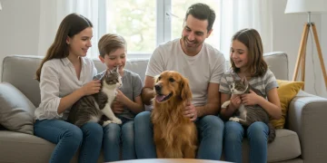 Family bonding with their happy golden retriever and cat on a sofa, symbolizing comprehensive pet care and protection.