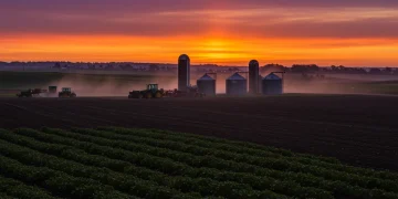 Agricultural landscape with tractors and silos at dawn, symbolizing farm bill changes.