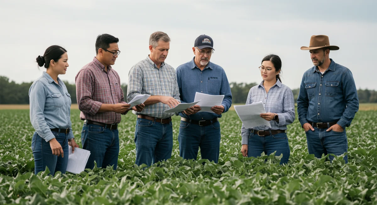Diverse farmers discussing agricultural policy in a field.