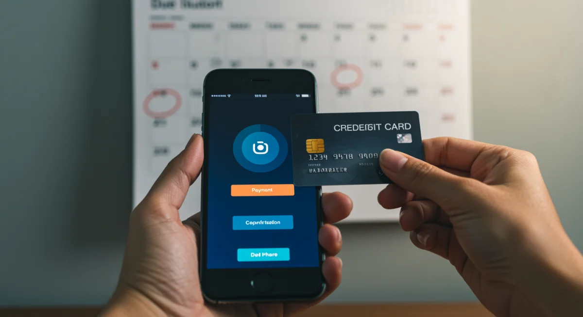 Person making an online payment with a credit card and smartphone, stressing timely bill payments.