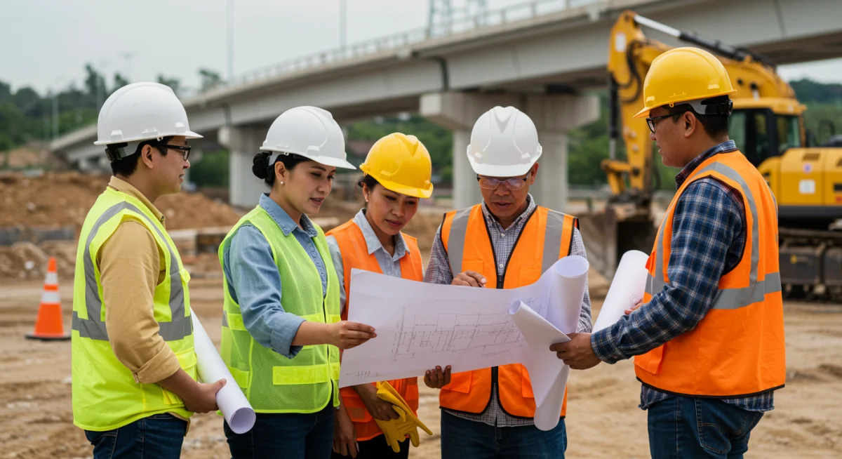 Construction workers reviewing blueprints for a national infrastructure project