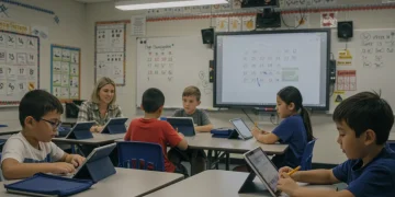 Children and teachers learning in a modern classroom, symbolizing federal funding impact on K-12 education.