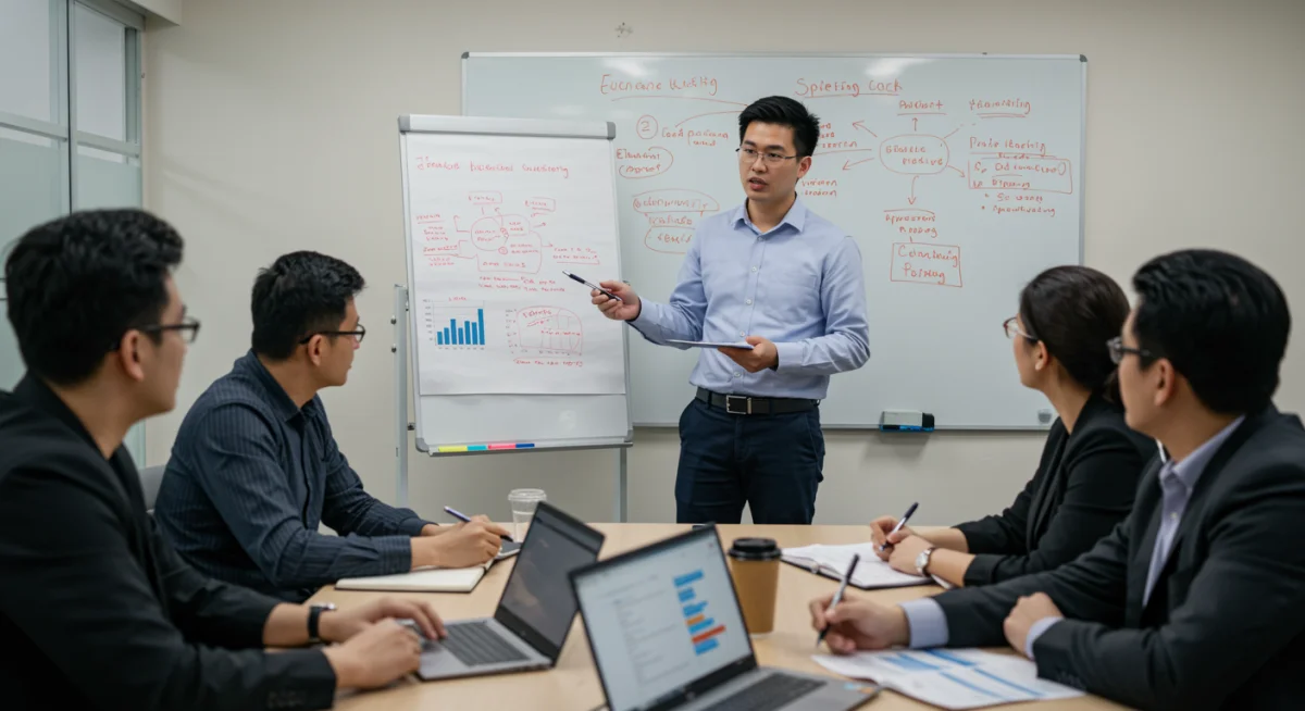 Liberal arts graduate leading a team, demonstrating critical thinking and communication skills in a professional setting.
