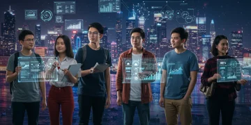 Diverse liberal arts graduates navigating a futuristic job market, symbolizing new opportunities and financial success in 2026.