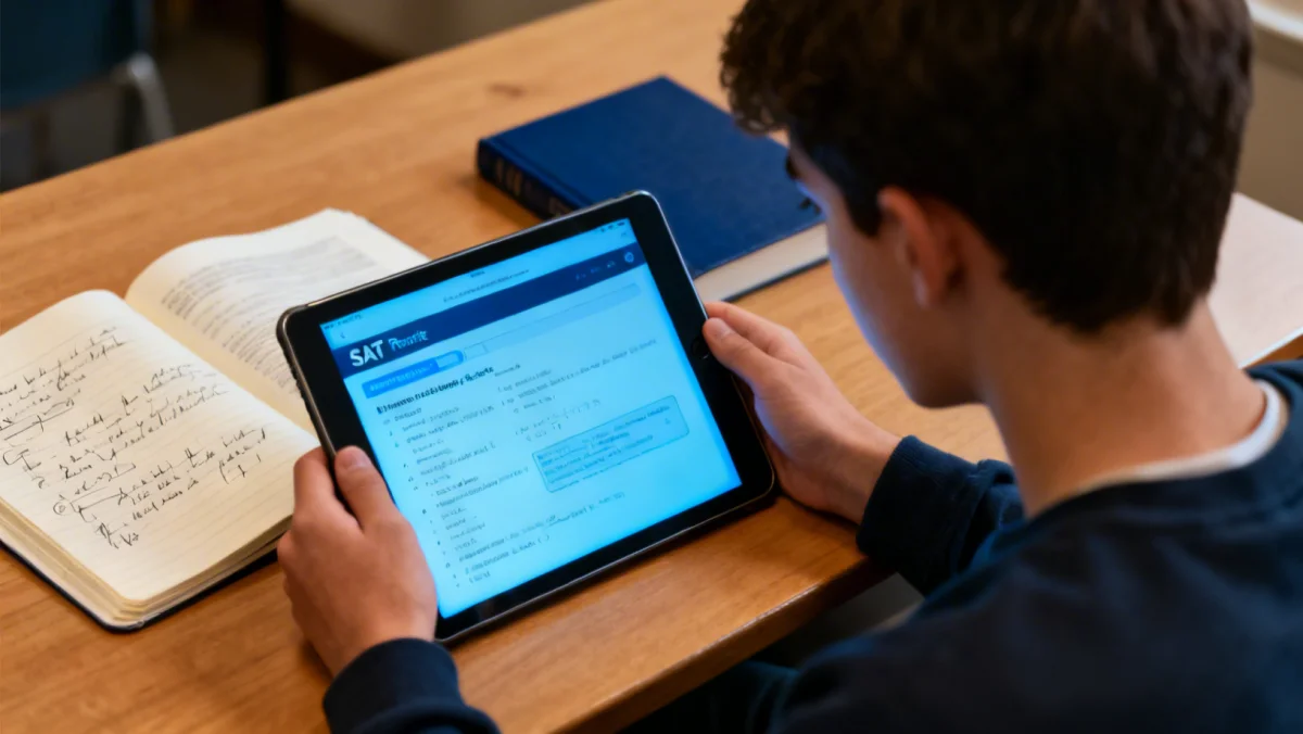 Student reviewing digital SAT practice test on tablet