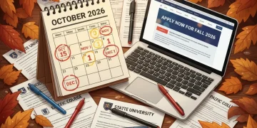 Illustrated calendar showing key Fall 2026 US college application deadlines