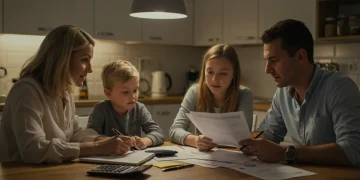 Family reviewing tax documents and planning finances for 2026