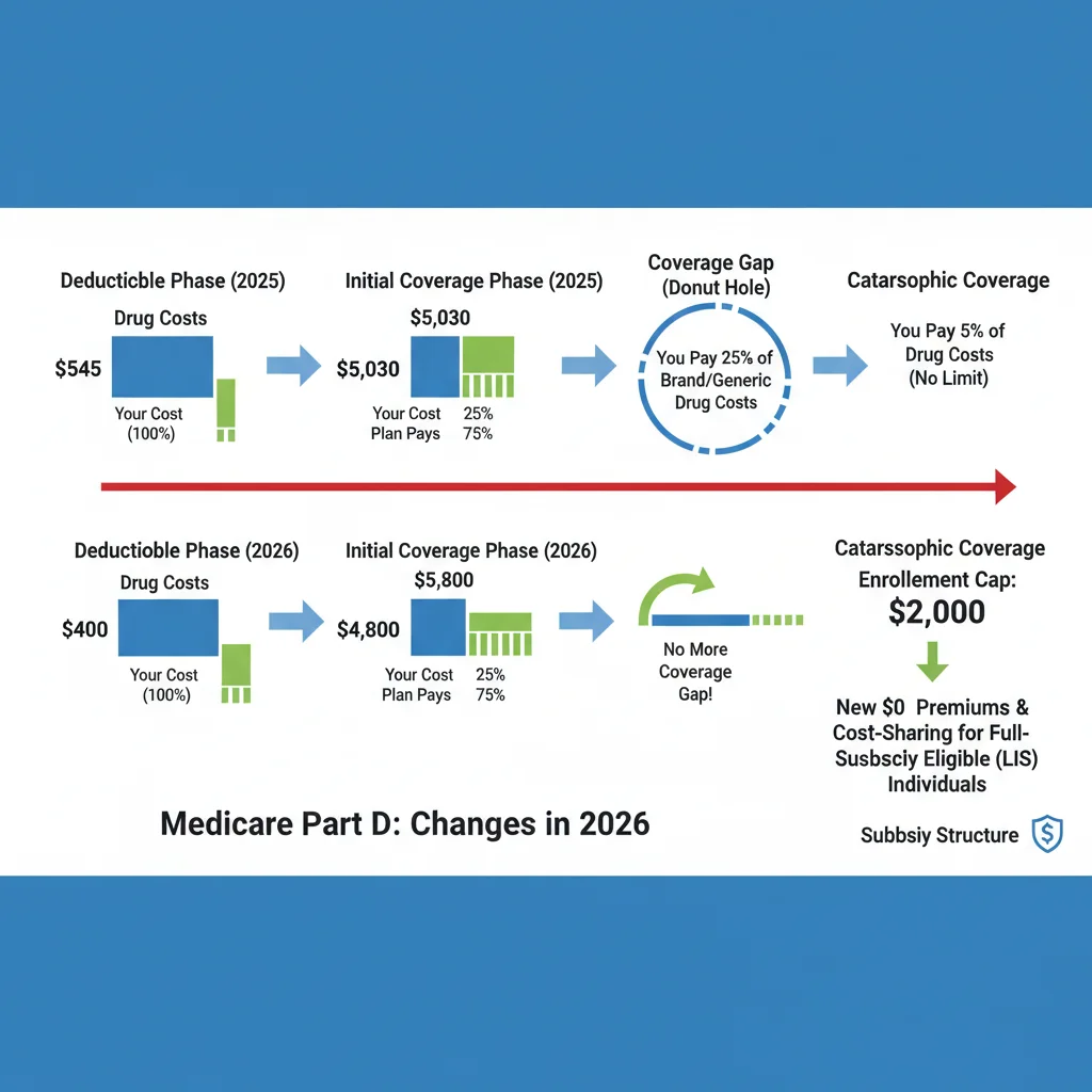 Infographic explaining 2026 Medicare Part D coverage phases and subsidy impact