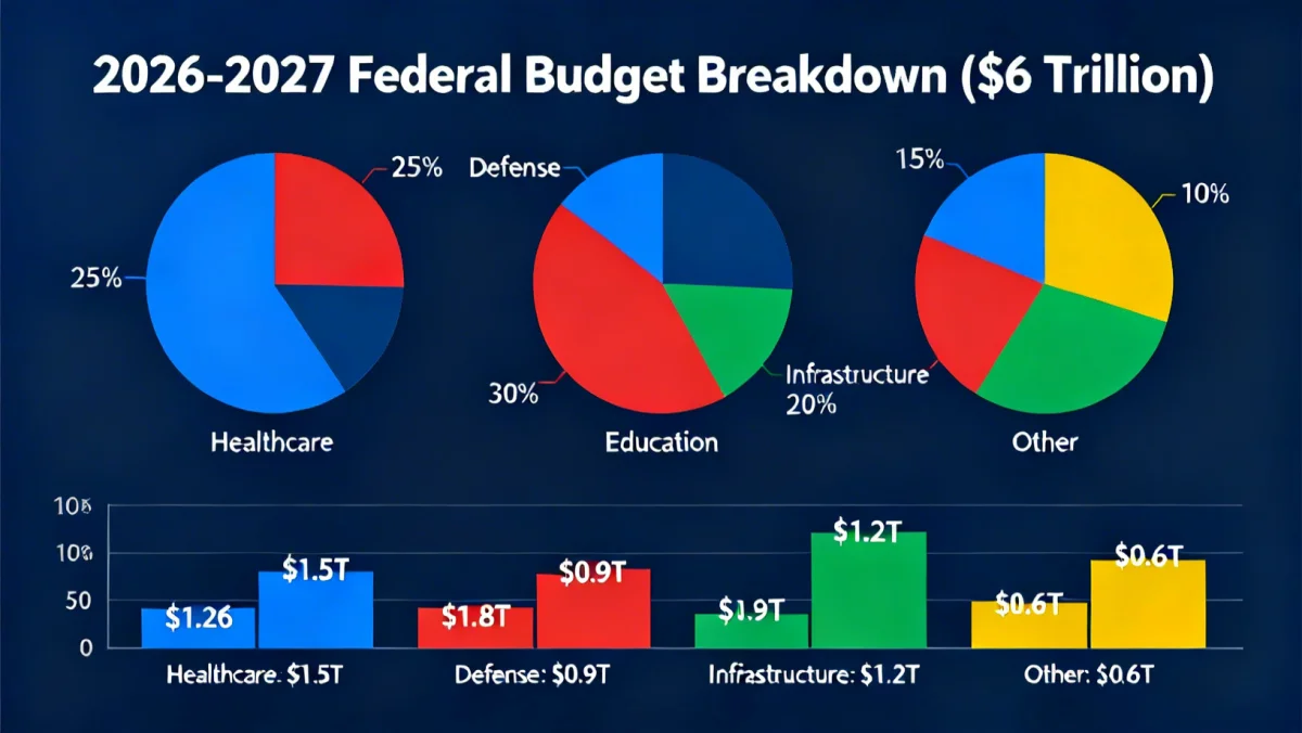Infographic illustrating the breakdown of the  trillion federal budget for 2026-2027 across various sectors.