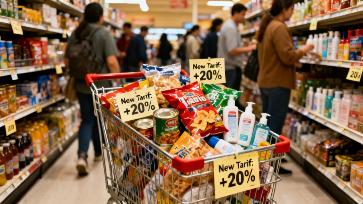 Shopping cart with increased prices reflecting the impact of new tariffs on consumer goods.
