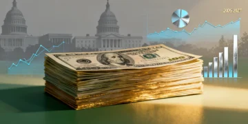 Illustration of US dollar bills and government buildings representing the federal budget for 2026-2027.